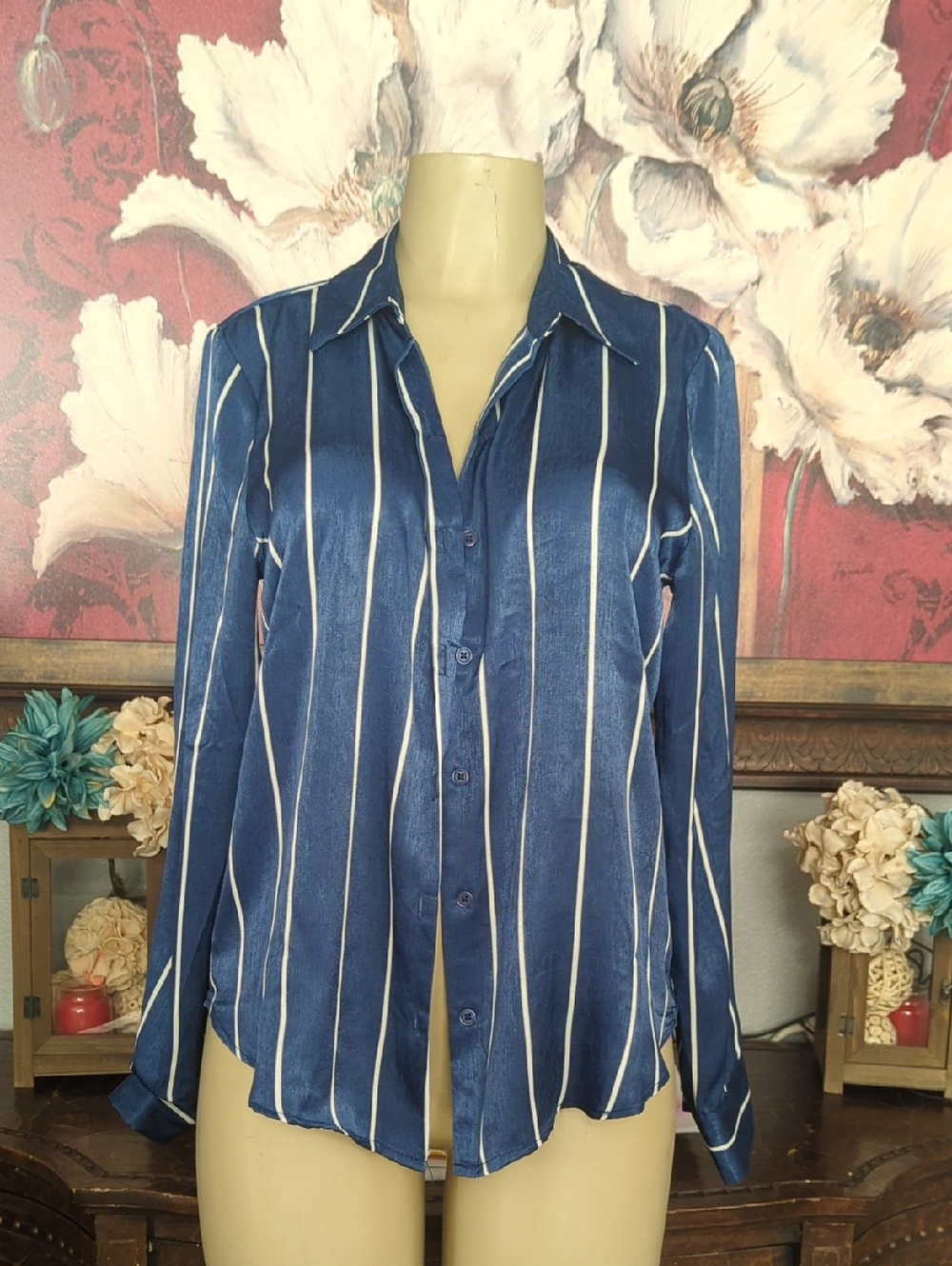 Maurices Navy and White Vertical Stripe Button-Down Shirt